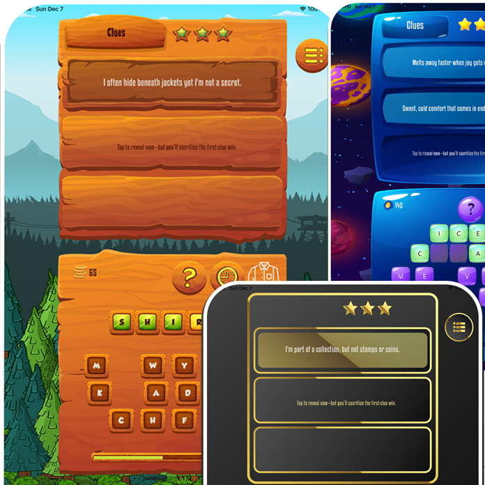 Clue Forest game interface showing word puzzle with clues and nature theme