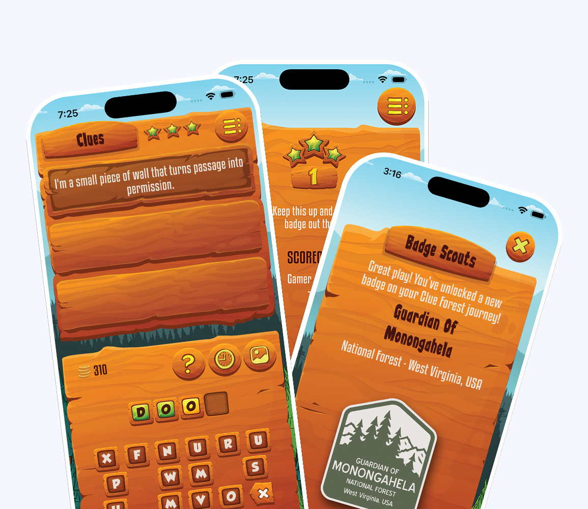 Clue Forest word guessing game with forest badges and audio clues