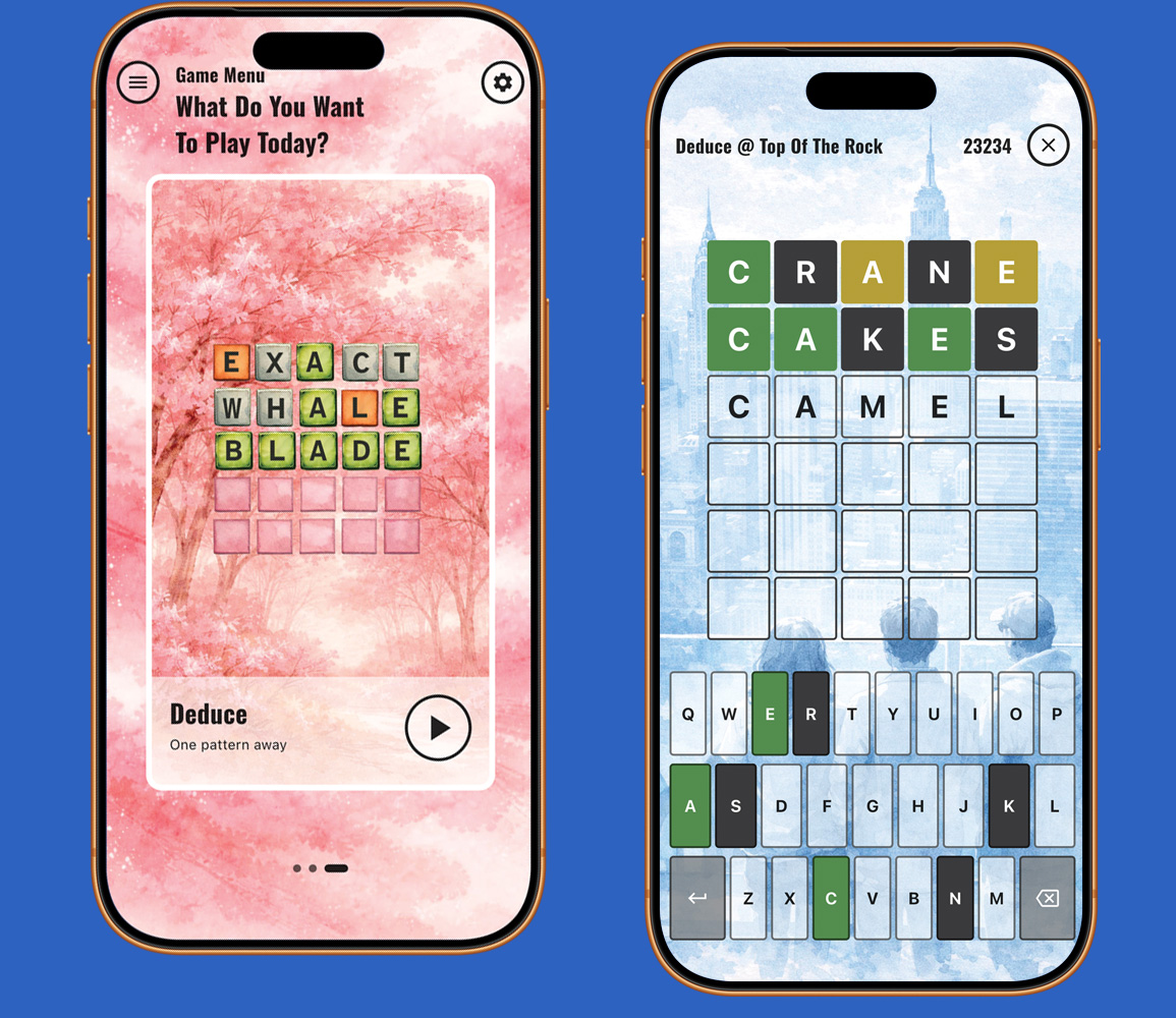 Deduce word guessing puzzle game showing letter grid with color-coded feedback