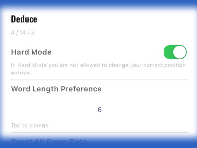 Deduce settings screen with word length and Hard Mode options