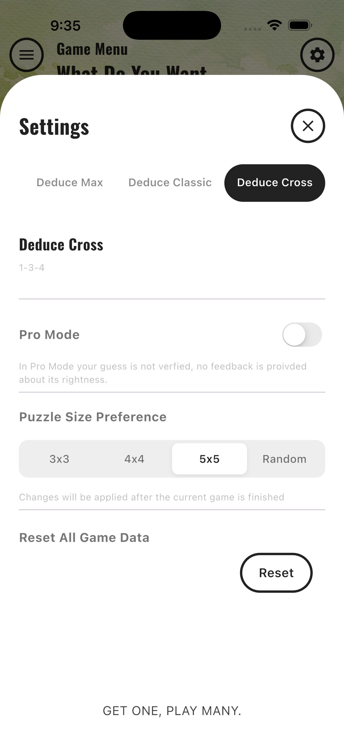 Deduce settings screen with word length and Hard Mode options