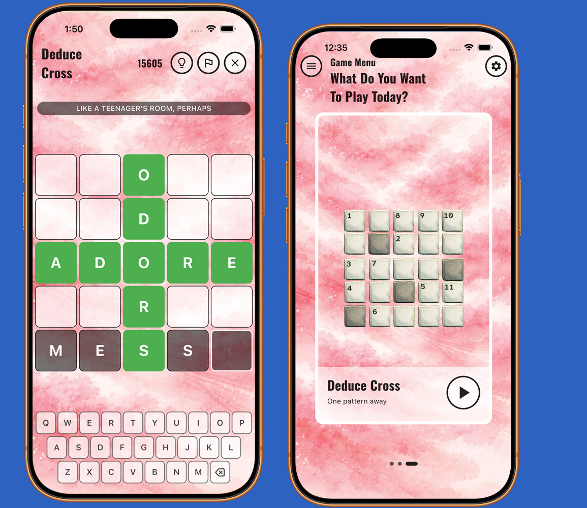 Deduce Cross word guessing puzzle game showing letter grid with color-coded feedback