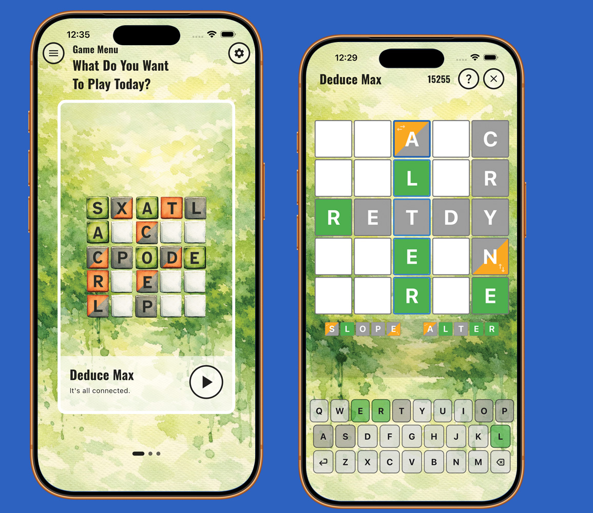 Deduce word guessing puzzle game showing letter grid with color-coded feedback