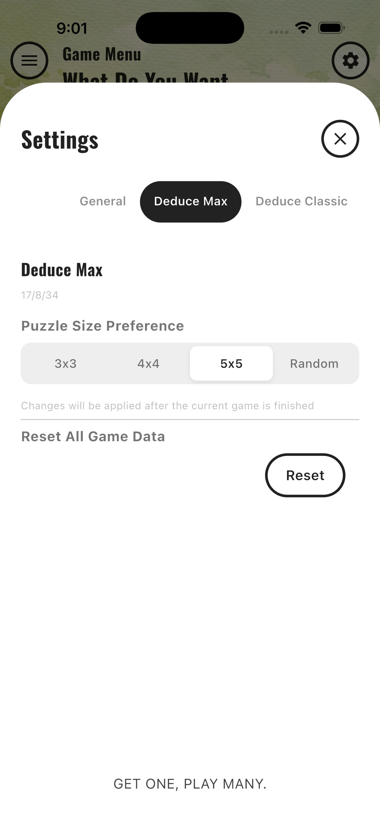 Deduce settings screen with word length and Hard Mode options