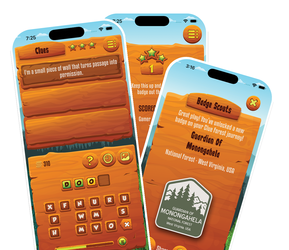 Clue Forest word guessing game with audio clues and forest-themed interface