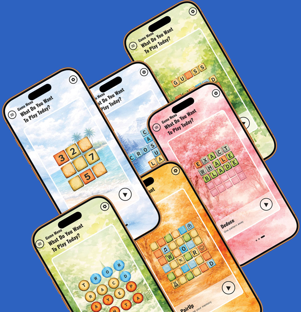 Clue Forest word puzzle app showing six game modes — Clue Forest, Word Weave, Deduce, PairUp, Word Path, and Number Nest