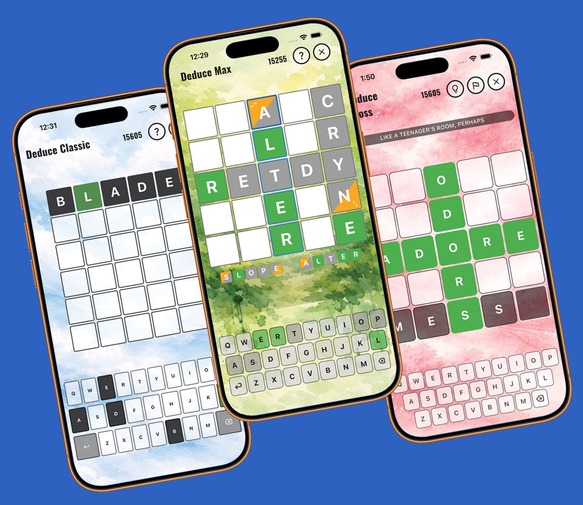 Deduce word search app showing three game — Deduce Classic, Deduce Max, Deduce Cross