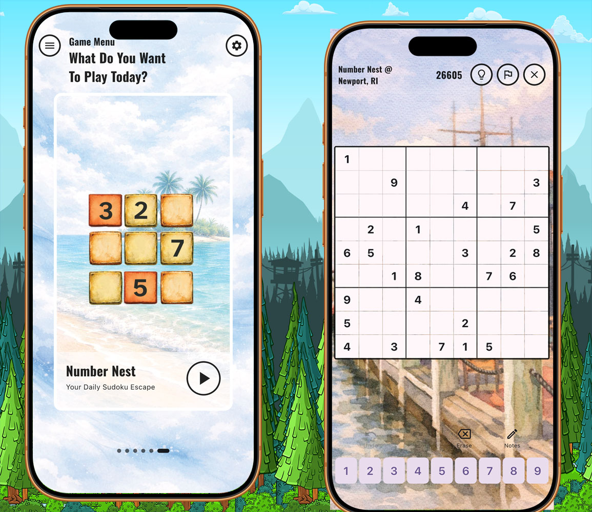 Number Nest Sudoku interface showing note-taking and undo features