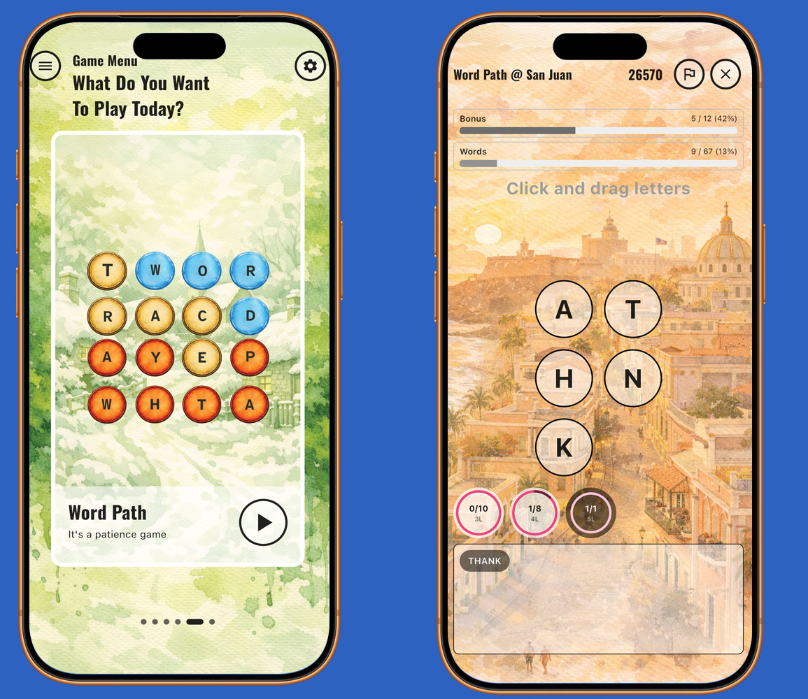 Word Path letter grid game showing connected letters forming words