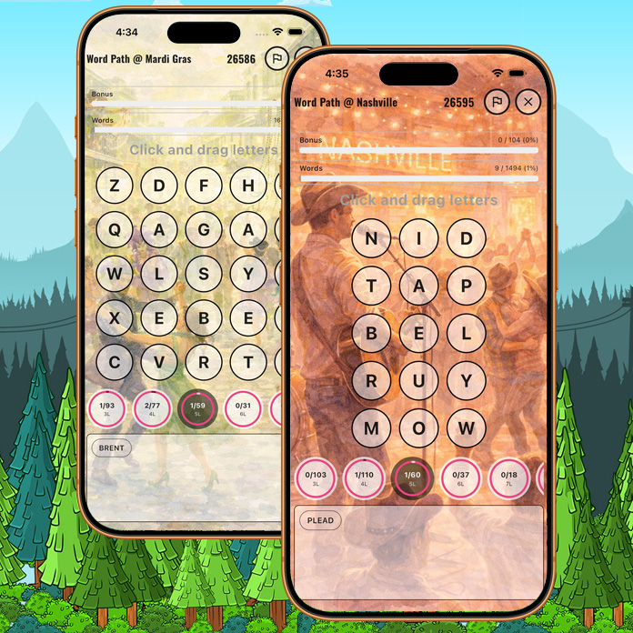 Word Path game dashboard showing progress gauges for each word length