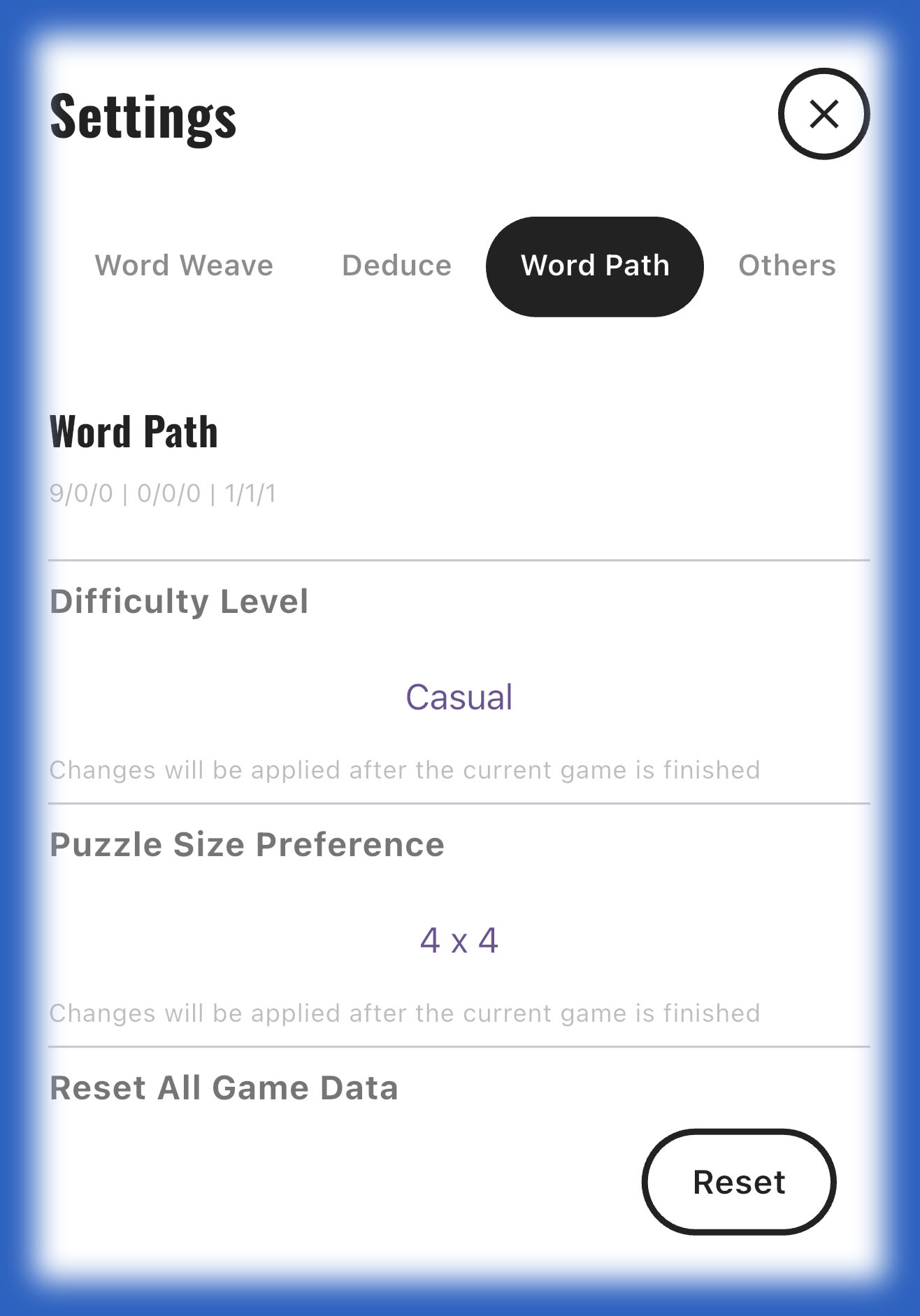 Word Path settings screen with grid size and difficulty options