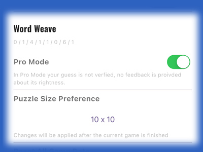 Word Weave settings screen with grid size, Pro Mode, and difficulty options